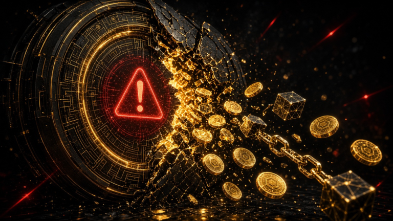 Cofre digital dourado rompido, moedas escapando e alerta vermelho de segurança